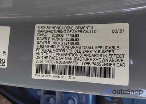 2021 Honda Accord Sport z USA, uszkodzony, nr VIN 1HGCV1F35MA086879